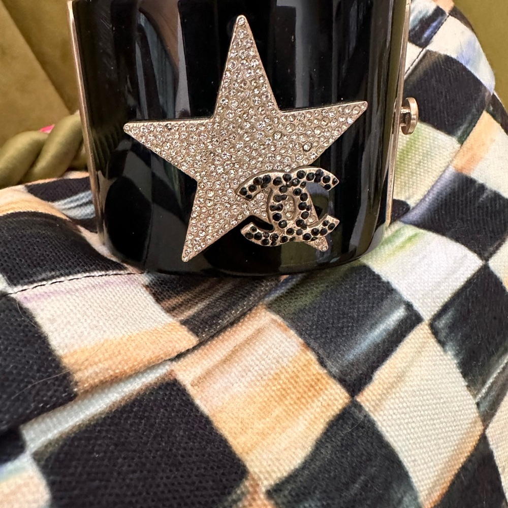 Rare CHANEL 08P Star and Moon Resin & Gold Logo CC Strass Cuff Bracelet